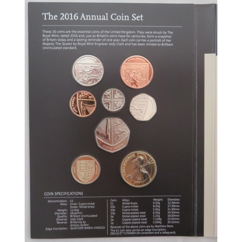 248 - 2016 UK Annual Coin Set of sixteen coins, brilliant uncirculated, issued by The Royal Mint, with boo... 