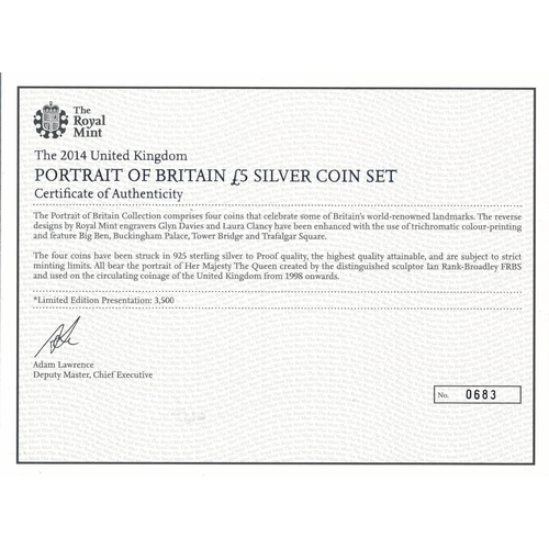 241 - 2014 A Portrait of Britain £5 silver proof set of four FDC, issued by The Royal Mint, coloured finis... 