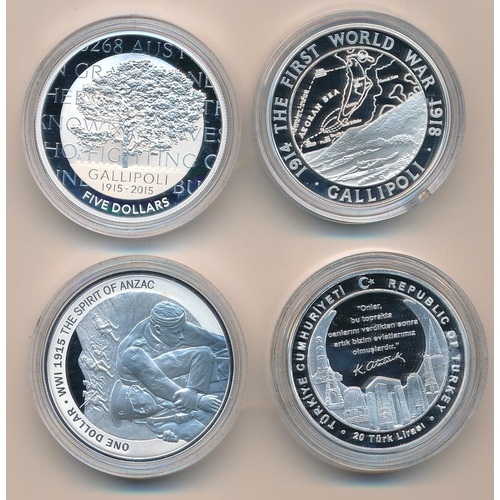 348 - World Coins - 2015 Centenary of the Gallipoli Landing four coin silver proof FDC set, with Australia... 