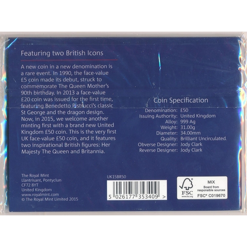 245 - 2015 £50 silver uncirculated Britannia on Royal Mint card, in cellophane packing.