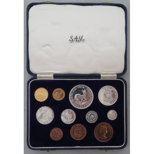 331 - South Africa - 1954 proof set of eleven coins FDC with some toning, gold pound, gold half pound and ... 