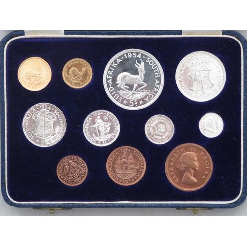 331 - South Africa - 1954 proof set of eleven coins FDC with some toning, gold pound, gold half pound and ... 