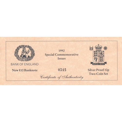 Debden Security Printing (DSP) First 1992 Kentfield £10 A01 002182 (B366) with two 10p silver proofs