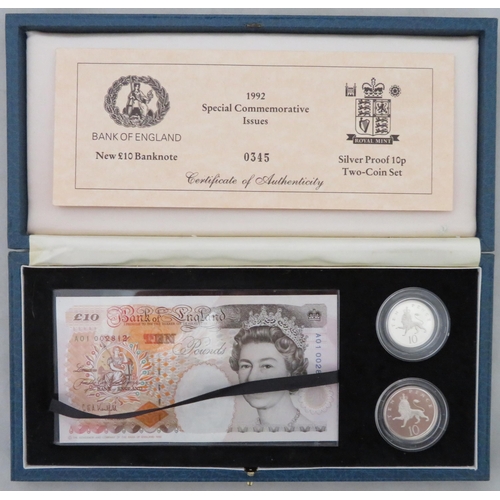 368 - Debden Security Printing (DSP) First 1992 Kentfield £10 A01 002182 (B366) with two 10p silver proofs... 