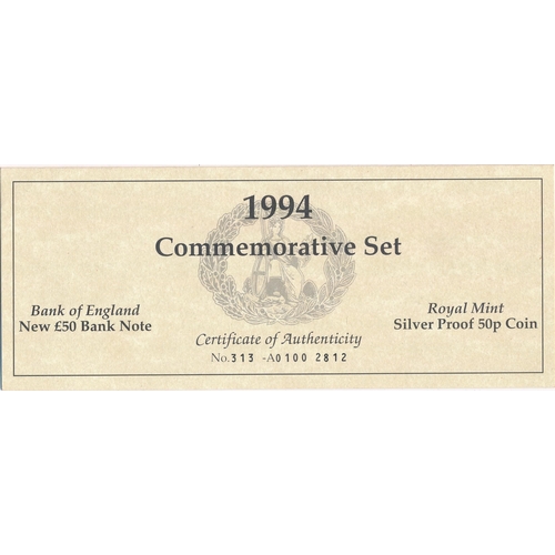 366 - Debden Security Printing (DSP) D-Day Landings Commemoration Kentfield £50 A01 002812 (B377) with 50p... 