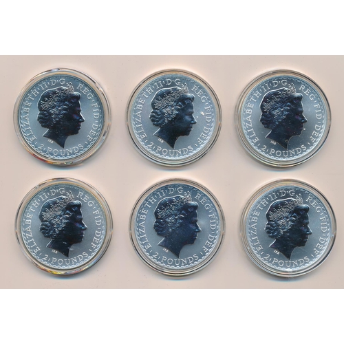 277 - £2 Britannia silver uncirculated range (6), in plastic capsules with 1998, 1999, 2000, 2002, 2004 an... 