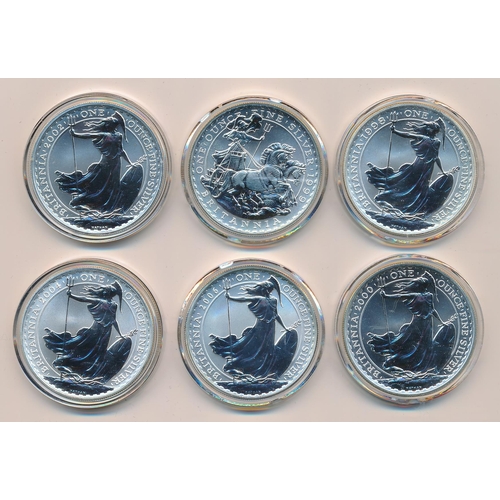 277 - £2 Britannia silver uncirculated range (6), in plastic capsules with 1998, 1999, 2000, 2002, 2004 an... 