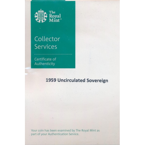 192 - 1959 sovereign uncirculated in Royal Mint collector services packet, still sealed in cellophane.