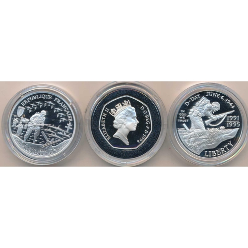 350 - World Coins - 1994 Allied Invasion of Europe 50th Anniversary three-Coin silver proof set FDC, with ... 