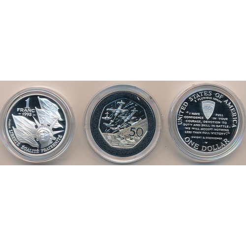 350 - World Coins - 1994 Allied Invasion of Europe 50th Anniversary three-Coin silver proof set FDC, with ... 