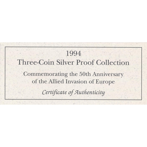 350 - World Coins - 1994 Allied Invasion of Europe 50th Anniversary three-Coin silver proof set FDC, with ... 