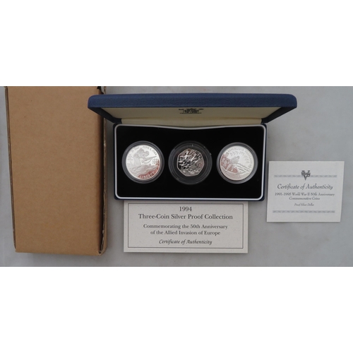 350 - World Coins - 1994 Allied Invasion of Europe 50th Anniversary three-Coin silver proof set FDC, with ... 