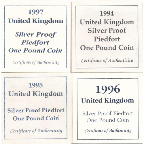 221 - 1994 to 1997 £1 piedfort silver proof FDC set of four, issued by The Royal Mint, in case of issue wi... 