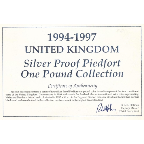 221 - 1994 to 1997 £1 piedfort silver proof FDC set of four, issued by The Royal Mint, in case of issue wi... 