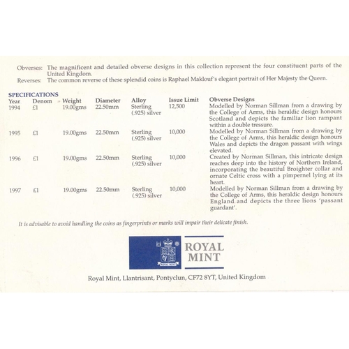 221 - 1994 to 1997 £1 piedfort silver proof FDC set of four, issued by The Royal Mint, in case of issue wi... 