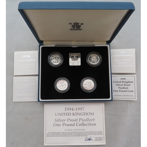 221 - 1994 to 1997 £1 piedfort silver proof FDC set of four, issued by The Royal Mint, in case of issue wi... 