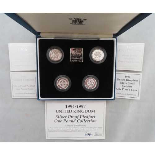 221 - 1994 to 1997 £1 piedfort silver proof FDC set of four, issued by The Royal Mint, in case of issue wi... 