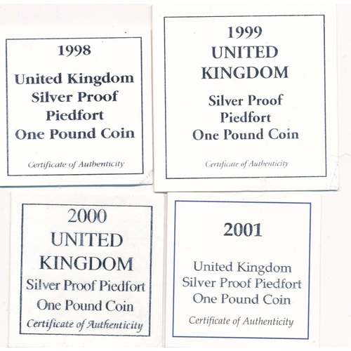 223 - 1998 to 2001 £1 piedfort silver proof FDC set of four, issued by the Royal Mint, in case of issue wi... 