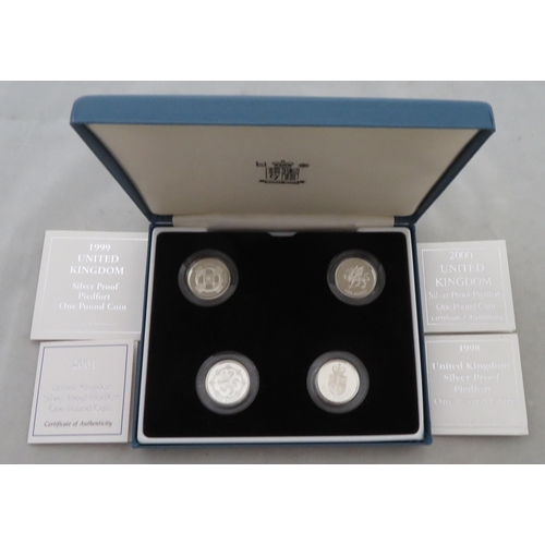 223 - 1998 to 2001 £1 piedfort silver proof FDC set of four, issued by the Royal Mint, in case of issue wi... 