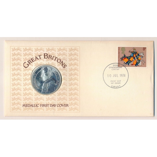 90 - 1974 Great Britons Medallic First Day Covers set of four silver proof medals (some toning), featurin... 