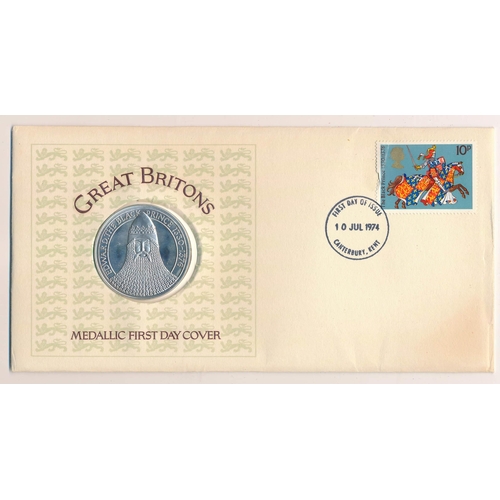 90 - 1974 Great Britons Medallic First Day Covers set of four silver proof medals (some toning), featurin... 