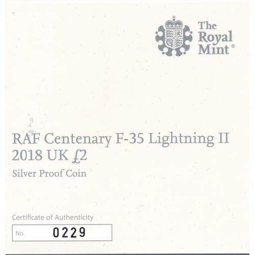 256 - 2018 RAF Centenary £2 silver proof FDC set of five, with Spitfire, Vulcan, F-35 Lightning II, Sea Ki... 