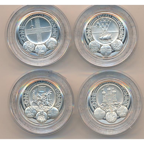 233 - 2010/11 £1 Cities silver proof FDC set of four with 2010 Belfast, 2010 London, 2011 Cardiff and 2011... 