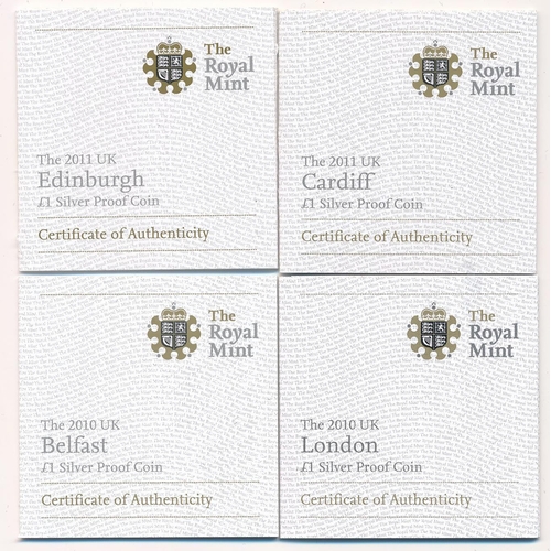 233 - 2010/11 £1 Cities silver proof FDC set of four with 2010 Belfast, 2010 London, 2011 Cardiff and 2011... 