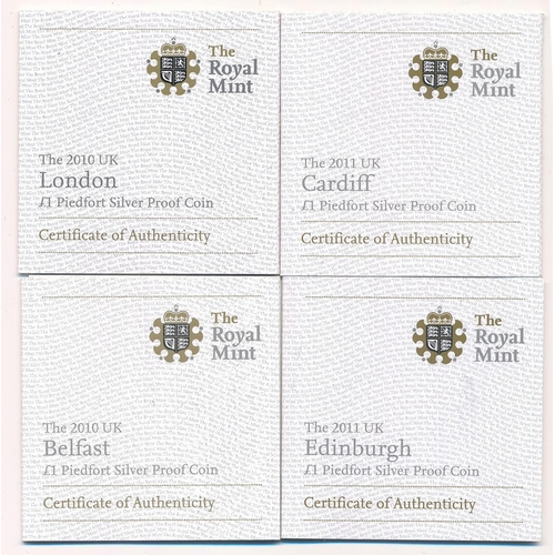 232 - 2010/11 £1 Cities piedfort silver proof FDC set of four with 2010 Belfast, 2010 London, 2011 Cardiff... 