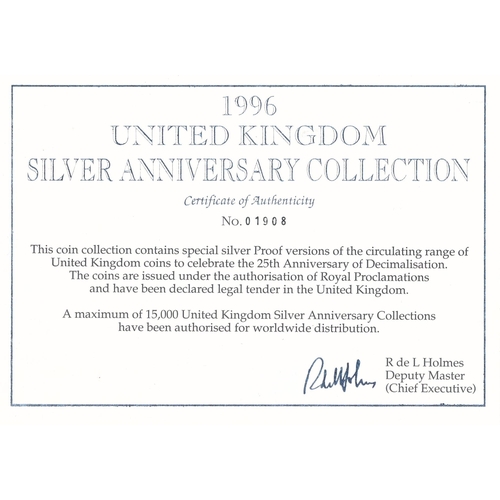 222 - 1996 £1-1p silver proof set of seven FDC, issued by the Royal Mint, in plush case of issue with book... 