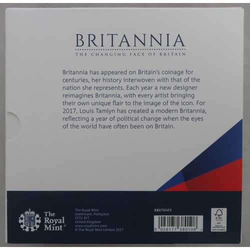 249 - 2017 £10 Britannia 5oz silver proof FDC, issued by The Royal Mint, in box of issue, with booklet and... 