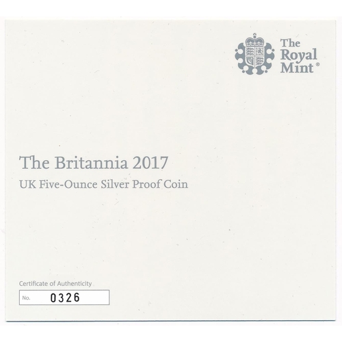 249 - 2017 £10 Britannia 5oz silver proof FDC, issued by The Royal Mint, in box of issue, with booklet and... 