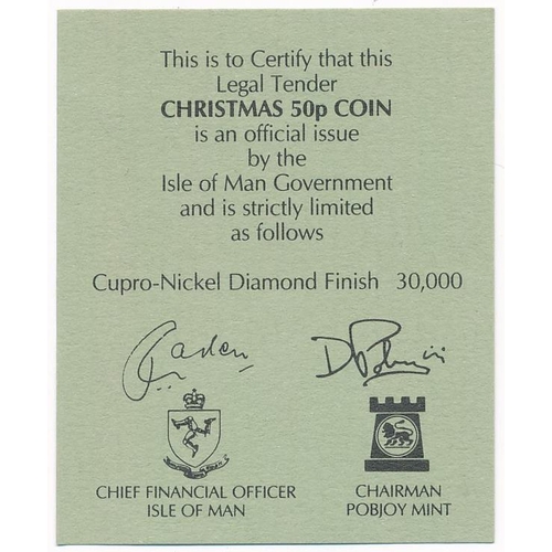 320 - Isle of Man - Christmas 50p's on Christmas cards (3), all CuNi with diamond finish, with 1991, 1992 ... 