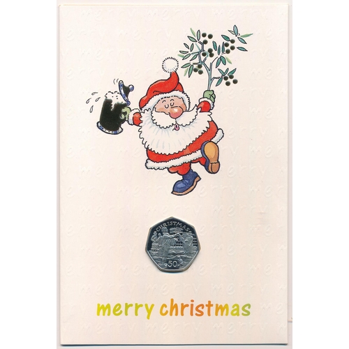 320 - Isle of Man - Christmas 50p's on Christmas cards (3), all CuNi with diamond finish, with 1991, 1992 ... 