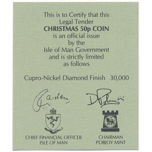 320 - Isle of Man - Christmas 50p's on Christmas cards (3), all CuNi with diamond finish, with 1991, 1992 ... 