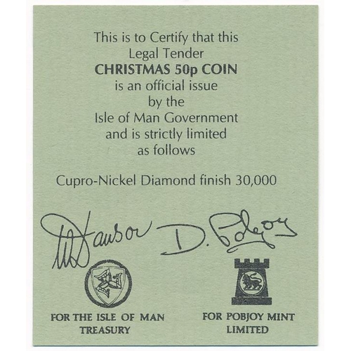 320 - Isle of Man - Christmas 50p's on Christmas cards (3), all CuNi with diamond finish, with 1991, 1992 ... 