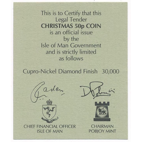 323 - Isle of Man - Christmas 50p's on Christmas cards (2), both CuNi with diamond finish, with 2002 and 2... 