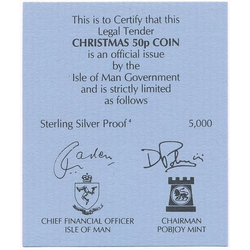 321 - Isle of Man - 1995 Christmas 50p silver proof FDC on Christmas card, with certificate and original e... 