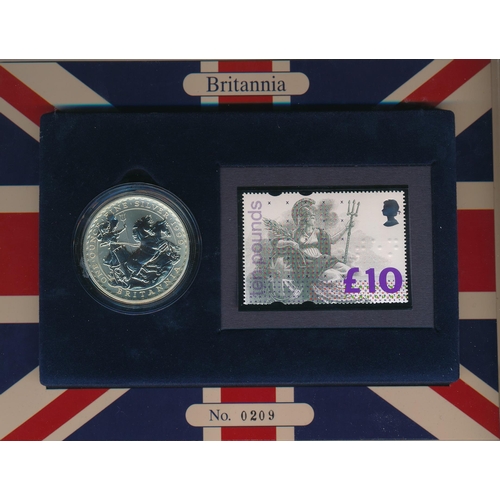 278 - £2 Britannia silver uncirculated range (6), with 1999 (some toning) in boxed set with £10 stamp, 200... 