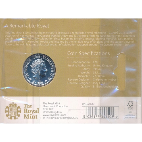 287 - Range of £20 silver uncirculated on Royal Mint card with 2015 Longest Reigning Monarch (2), 2016 Que... 