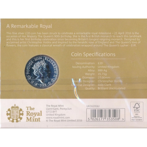 287 - Range of £20 silver uncirculated on Royal Mint card with 2015 Longest Reigning Monarch (2), 2016 Que... 