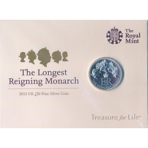 287 - Range of £20 silver uncirculated on Royal Mint card with 2015 Longest Reigning Monarch (2), 2016 Que... 