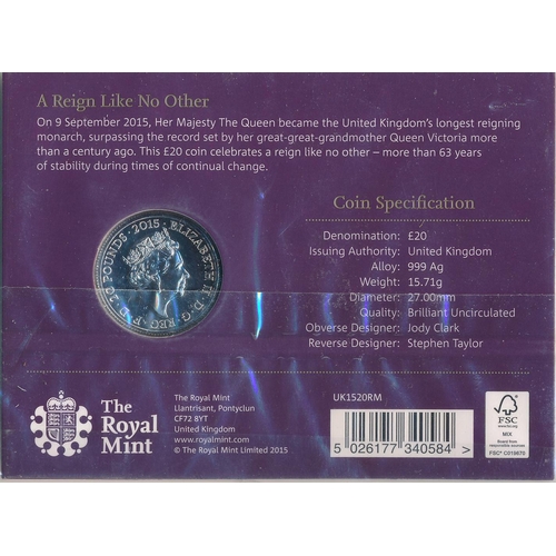 287 - Range of £20 silver uncirculated on Royal Mint card with 2015 Longest Reigning Monarch (2), 2016 Que... 