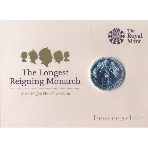 287 - Range of £20 silver uncirculated on Royal Mint card with 2015 Longest Reigning Monarch (2), 2016 Que... 