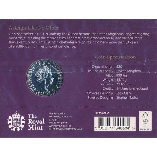 287 - Range of £20 silver uncirculated on Royal Mint card with 2015 Longest Reigning Monarch (2), 2016 Que... 