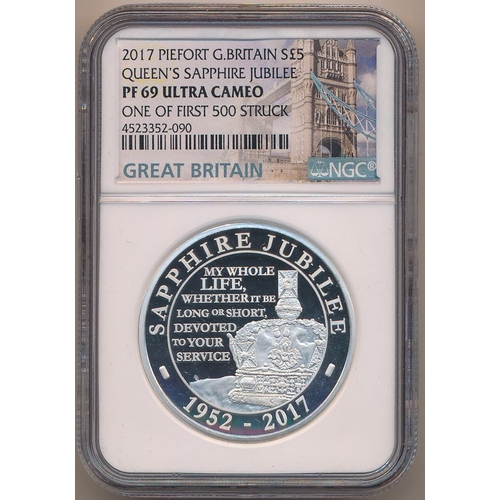 251 - 2017 £5 piedfort silver proof FDC in NGC hard plastic case, graded PF69 Ultra Cameo, one of first 50... 