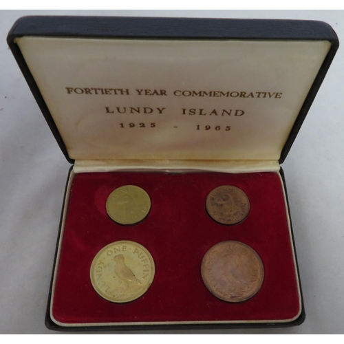 160 - Lundy 1965 40th Year Commemorative four coin set, comprising Puffin (2, one each in Bronze and Nicke... 