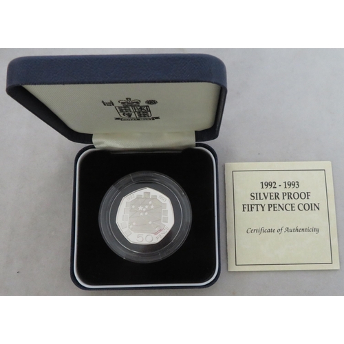 218 - 1992-1993 Dual Date EEC 50p silver proof FDC, issued by the Royal Mint, in box of issue with certifi... 