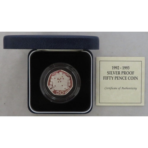 218 - 1992-1993 Dual Date EEC 50p silver proof FDC, issued by the Royal Mint, in box of issue with certifi... 