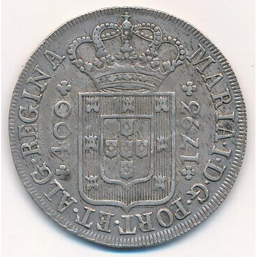 330 - Portugal - 1793 silver 400 reis, near extremely fine.